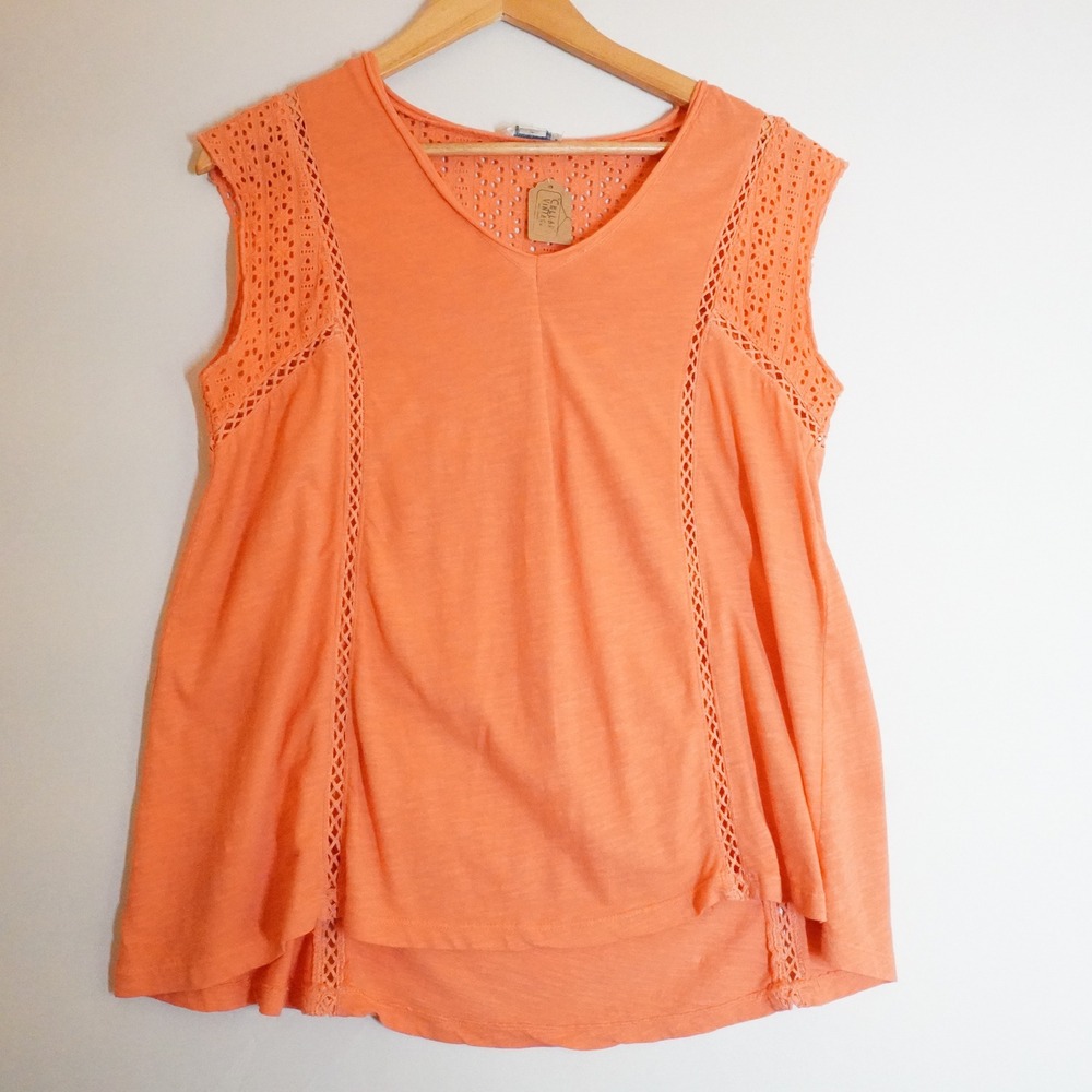 Sundance Coral Orange Eyelet M V-Neck Cotton Sleeveless Top Cottage Beach Boho